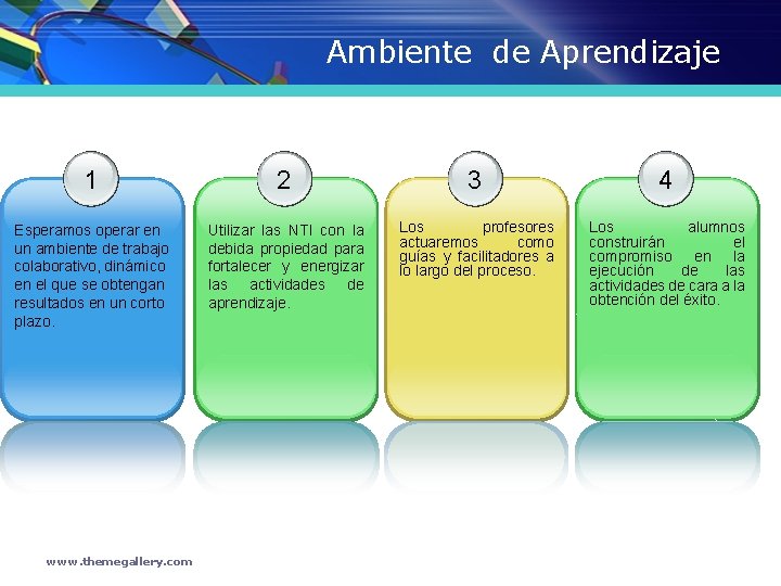 Ambiente de Aprendizaje 1 2 3 4 Esperamos operar en un ambiente de trabajo