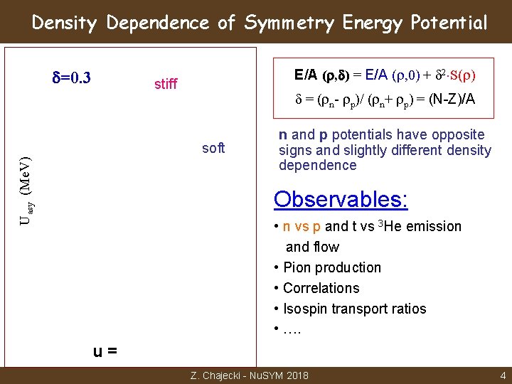 Density Dependence of Symmetry Energy Potential =0. 3 E/A ( , ) = E/A