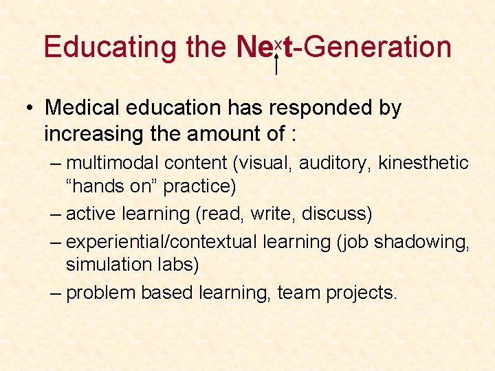 Educating the Next-Generation • Medical education has responded by increasing the amount of :