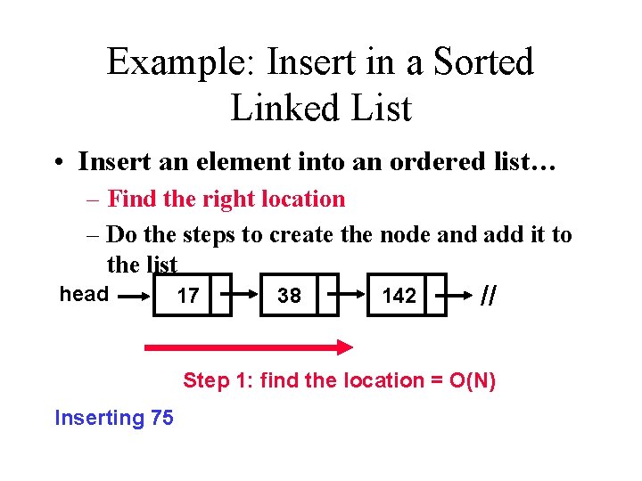 Example: Insert in a Sorted Linked List • Insert an element into an ordered