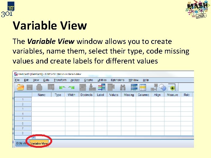 Variable View The Variable View window allows you to create variables, name them, select