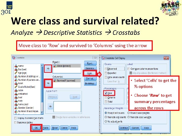 Were class and survival related? Analyze Descriptive Statistics Crosstabs Move class to ‘Row’ and