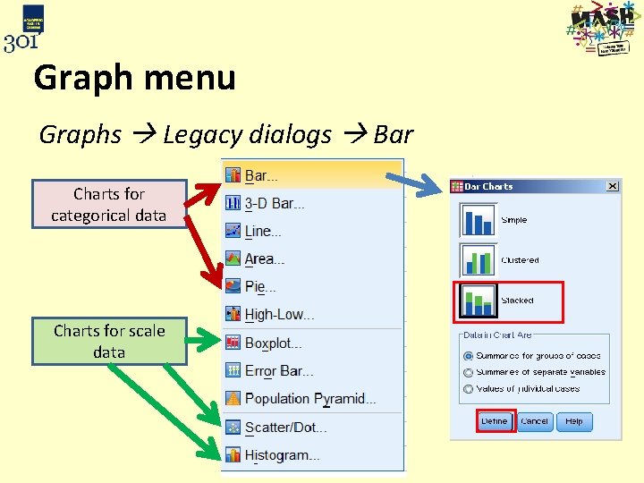 Graph menu Graphs Legacy dialogs Bar Charts for categorical data Charts for scale data