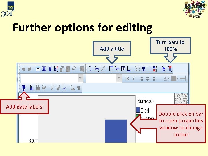 Further options for editing Add a title Add data labels Turn bars to 100%