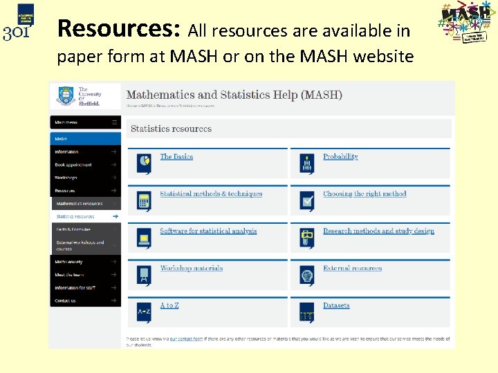 Resources: All resources are available in paper form at MASH or on the MASH