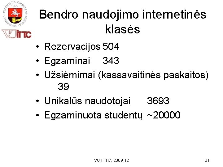 Bendro naudojimo internetinės klasės • Rezervacijos 504 • Egzaminai 343 • Užsiėmimai (kassavaitinės paskaitos)