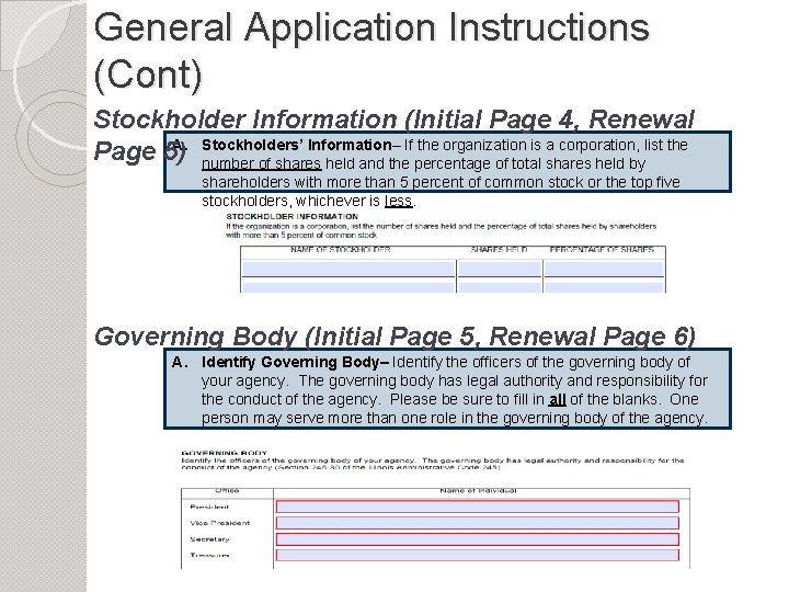 General Application Instructions (Cont) Stockholder Information (Initial Page 4, Renewal A. Stockholders’ Information– If