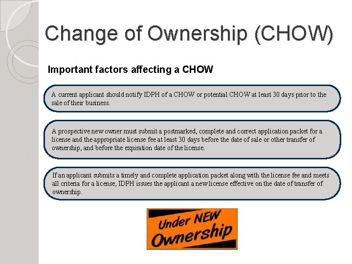 Change of Ownership (CHOW) Important factors affecting a CHOW A current applicant should notify