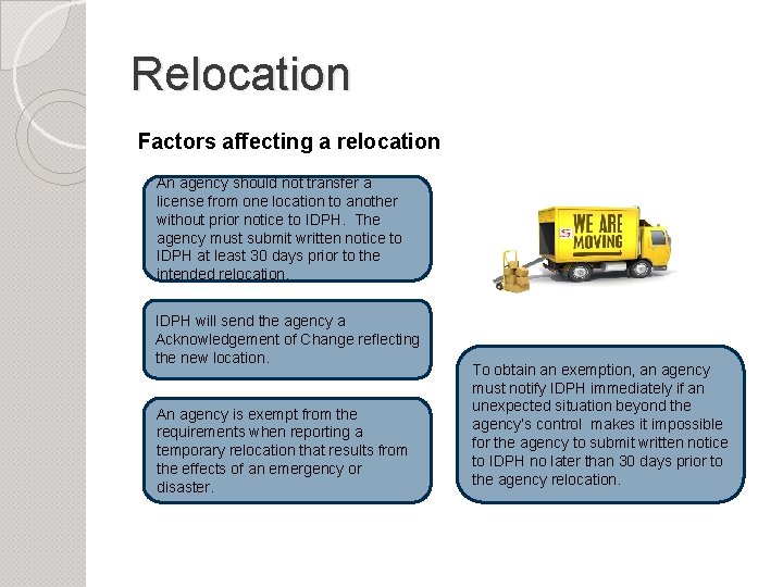 Relocation Factors affecting a relocation An agency should not transfer a license from one