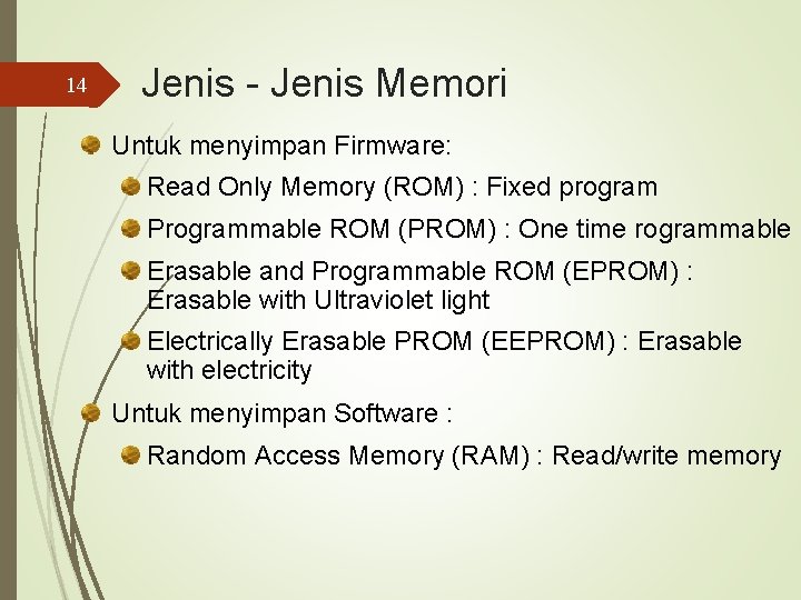 14 Jenis - Jenis Memori Untuk menyimpan Firmware: Read Only Memory (ROM) : Fixed