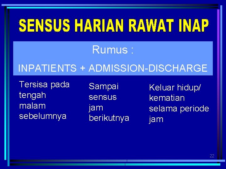 Rumus : INPATIENTS + ADMISSION-DISCHARGE Tersisa pada tengah malam sebelumnya Sampai sensus jam berikutnya