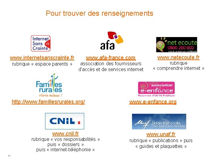 Pour trouver des renseignements www. internetsanscrainte. fr www. afa-france. com rubrique « espace parents Pour trouver des renseignements www. internetsanscrainte. fr www. afa-france. com rubrique « espace parents