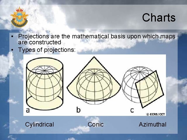 Charts • Projections are the mathematical basis upon which maps are constructed • Types