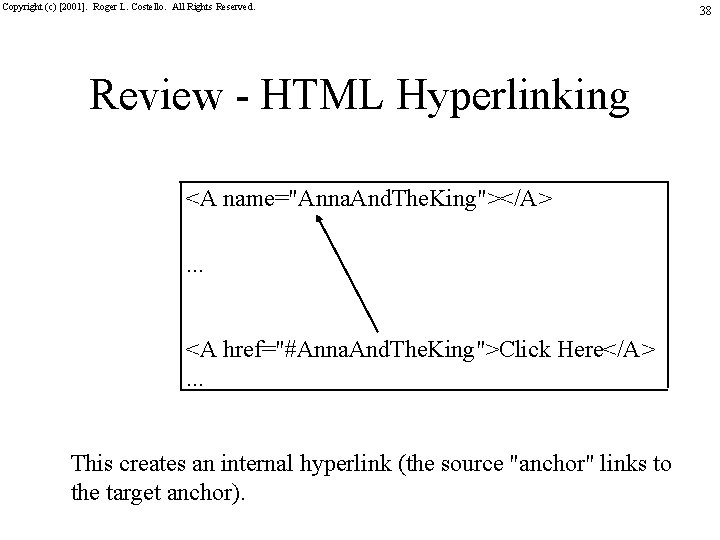 Copyright (c) [2001]. Roger L. Costello. All Rights Reserved. Review - HTML Hyperlinking <A