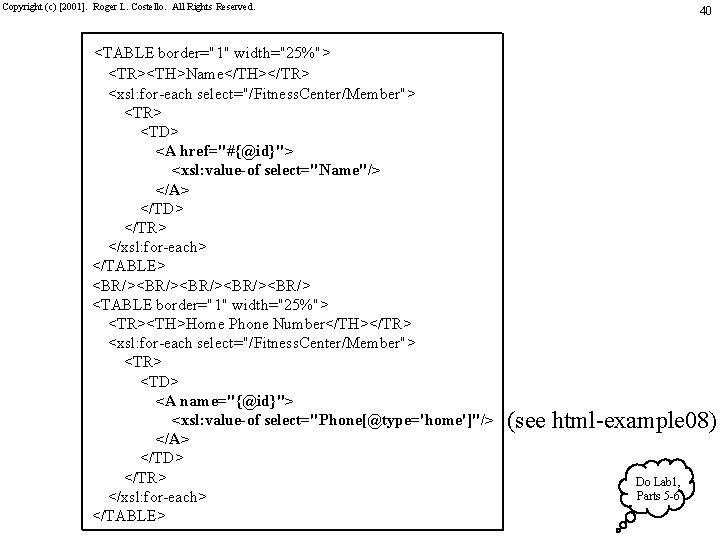 Copyright (c) [2001]. Roger L. Costello. All Rights Reserved. <TABLE border="1" width="25%"> <TR><TH>Name</TH></TR> <xsl: