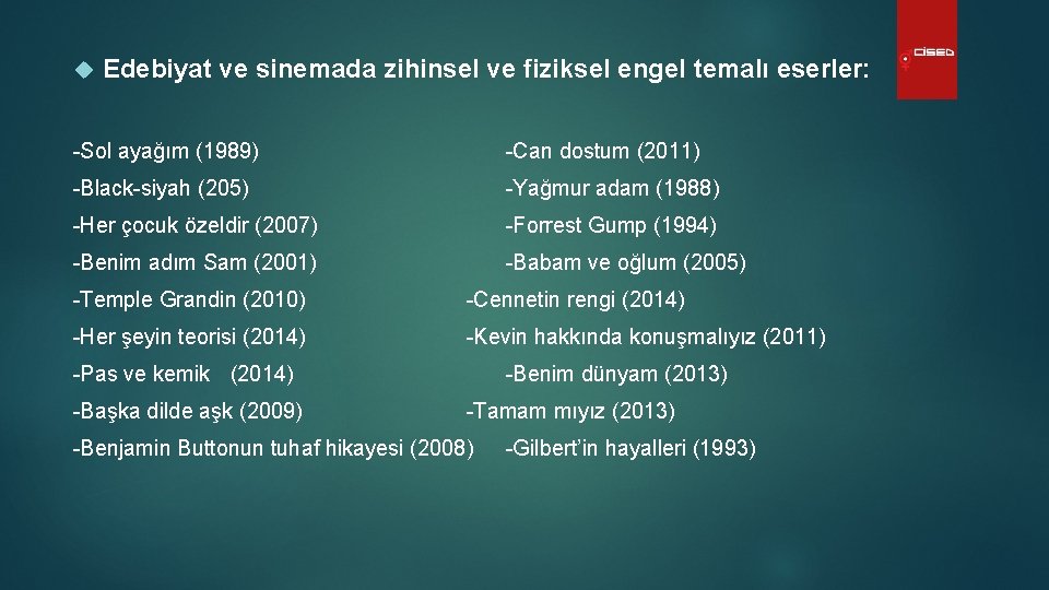  Edebiyat ve sinemada zihinsel ve fiziksel engel temalı eserler: -Sol ayağım (1989) -Can