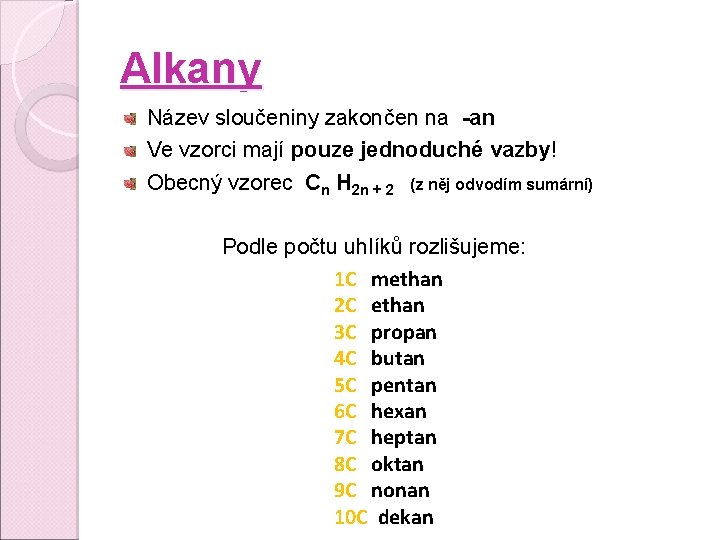 Alkany Název sloučeniny zakončen na -an Ve vzorci mají pouze jednoduché vazby! Obecný vzorec Alkany Název sloučeniny zakončen na -an Ve vzorci mají pouze jednoduché vazby! Obecný vzorec