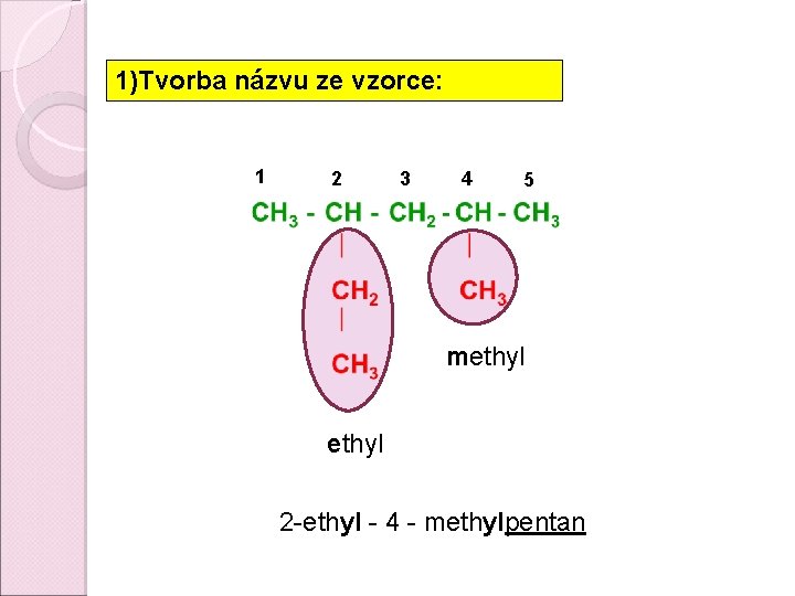 1)Tvorba názvu ze vzorce: 1 2 3 4 5 methyl 2 -ethyl - 4 1)Tvorba názvu ze vzorce: 1 2 3 4 5 methyl 2 -ethyl - 4