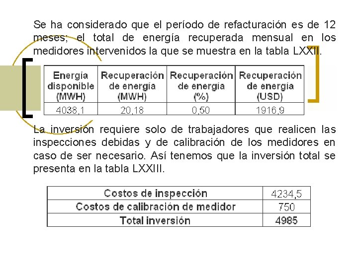 Se ha considerado que el período de refacturación es de 12 meses; el total