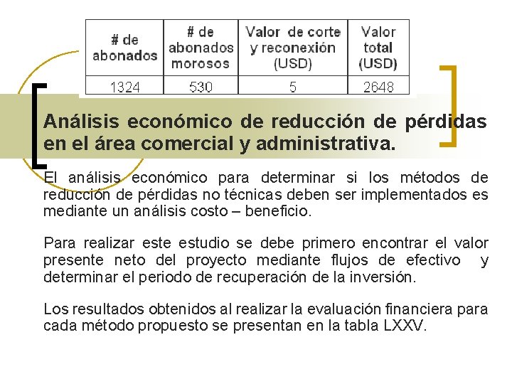 Análisis económico de reducción de pérdidas en el área comercial y administrativa. El análisis