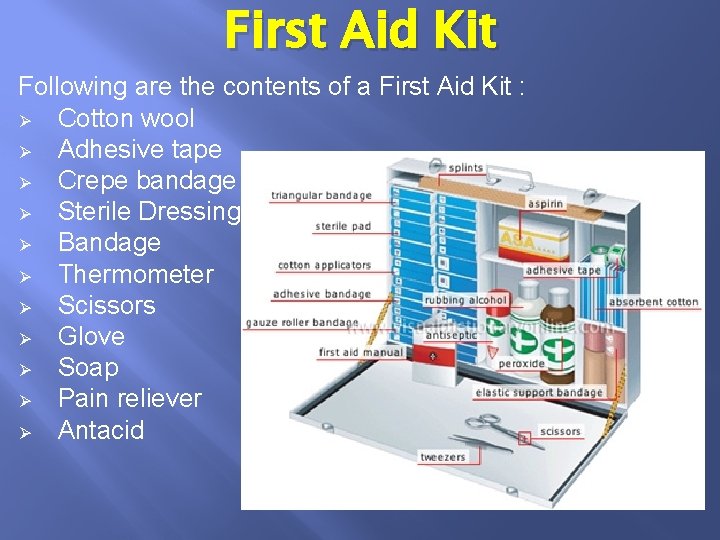 First Aid Kit Following are the contents of a First Aid Kit : Ø First Aid Kit Following are the contents of a First Aid Kit : Ø