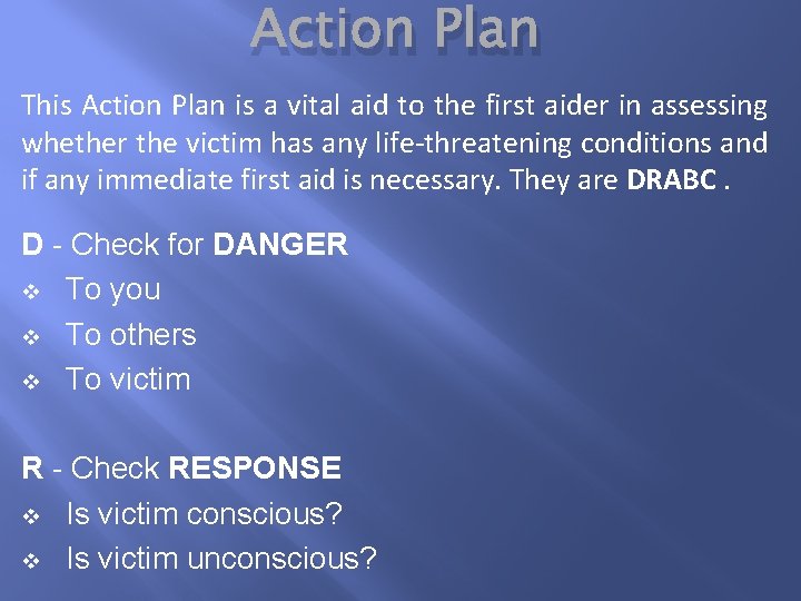 Action Plan This Action Plan is a vital aid to the first aider in Action Plan This Action Plan is a vital aid to the first aider in