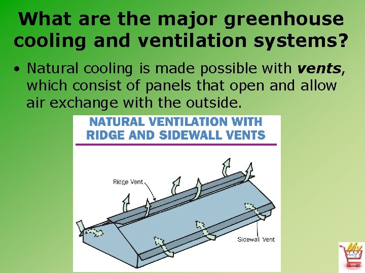 What are the major greenhouse cooling and ventilation systems? • Natural cooling is made