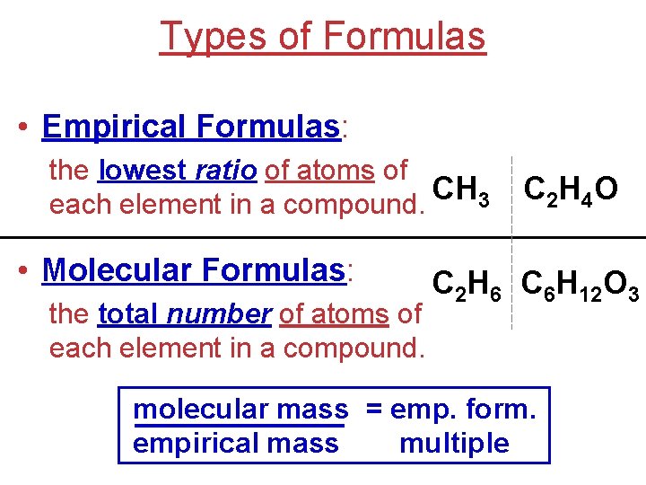 Types of Formulas • Empirical Formulas: the lowest ratio of atoms of CH 3