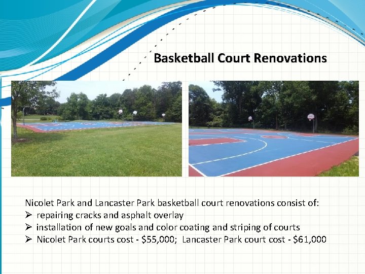 Basketball Court Renovations Nicolet Park and Lancaster Park basketball court renovations consist of: Ø