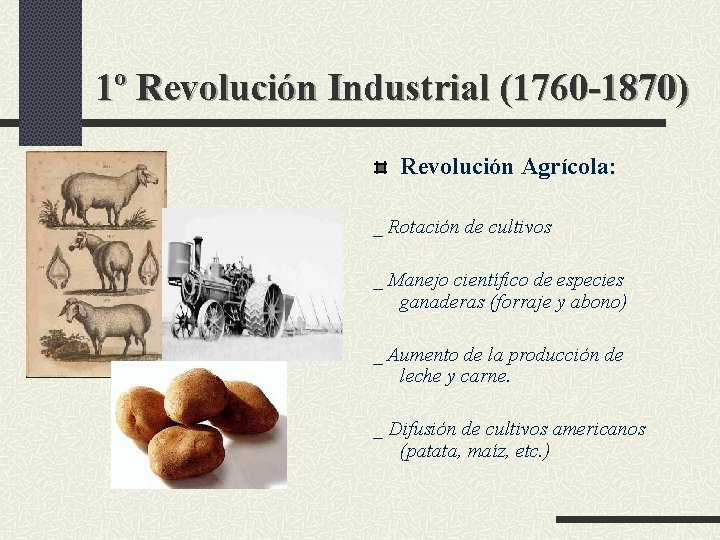1º Revolución Industrial (1760 -1870) Revolución Agrícola: _ Rotación de cultivos _ Manejo científico