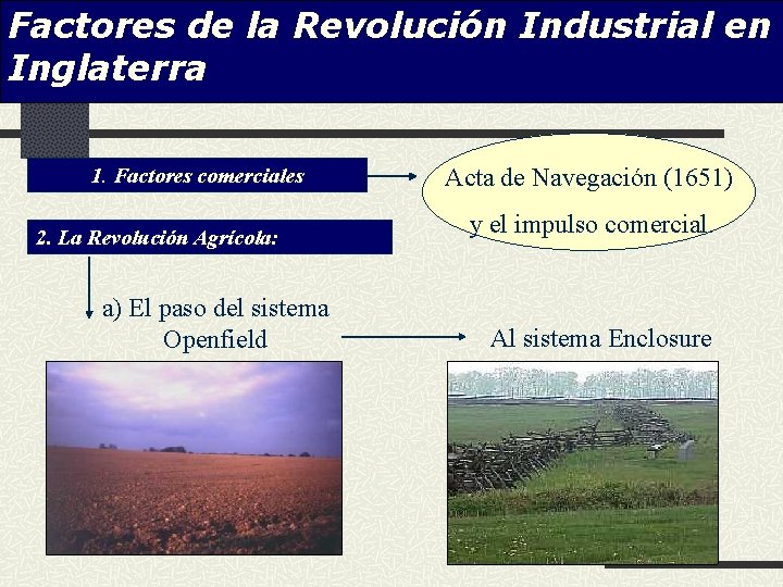 Factores de la Revolución Industrial en Inglaterra 1. Factores comerciales 2. La Revolución Agrícola: