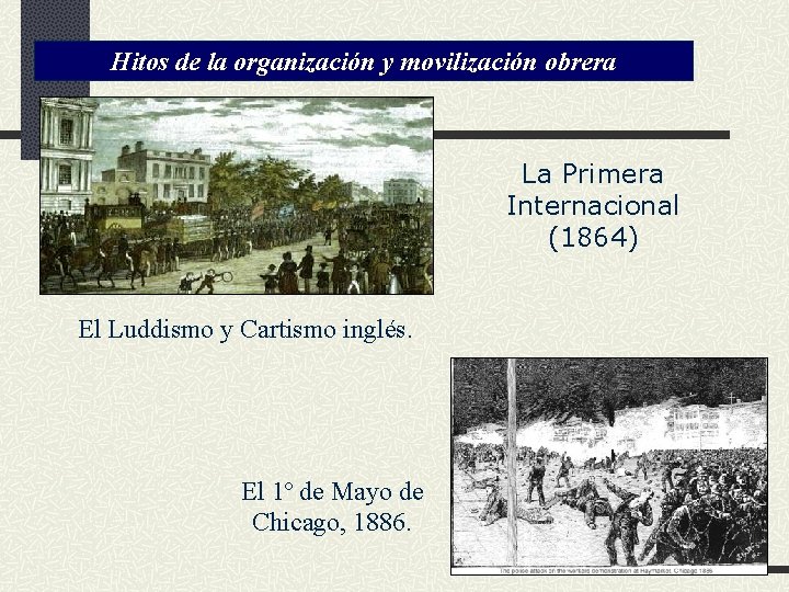 Hitos de la organización y movilización obrera La Primera Internacional (1864) El Luddismo y