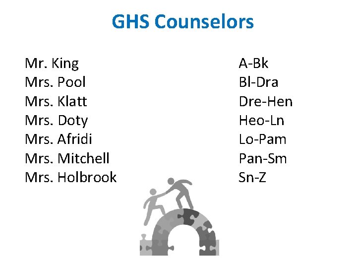 GHS Counselors Mr. King Mrs. Pool Mrs. Klatt Mrs. Doty Mrs. Afridi Mrs. Mitchell