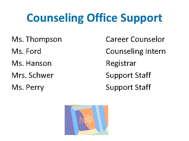 Counseling Office Support Ms. Thompson Ms. Ford Ms. Hanson Mrs. Schwer Ms. Perry Career