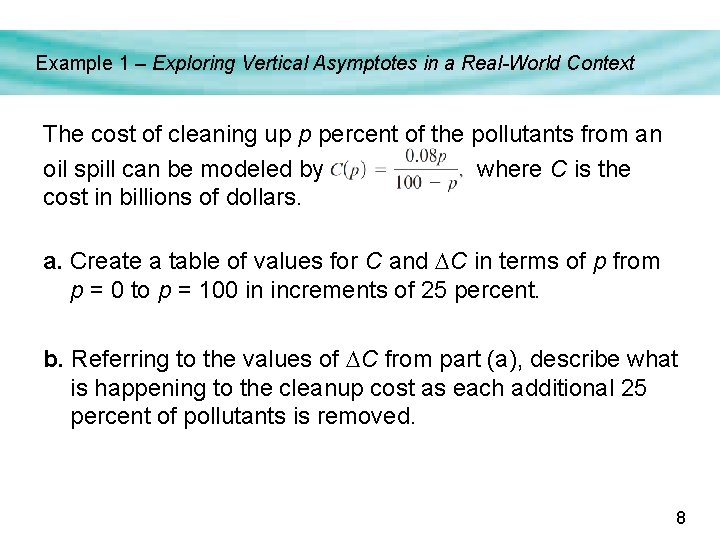 Example 1 – Exploring Vertical Asymptotes in a Real-World Context The cost of cleaning Example 1 – Exploring Vertical Asymptotes in a Real-World Context The cost of cleaning