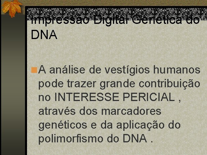 Impressão Digital Genética do DNA n A análise de vestígios humanos pode trazer grande