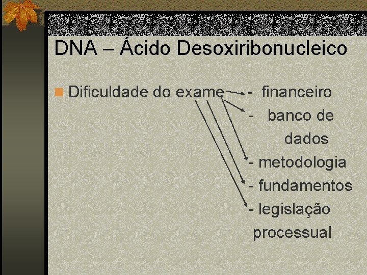 DNA – Ácido Desoxiribonucleico n Dificuldade do exame - financeiro - banco de dados