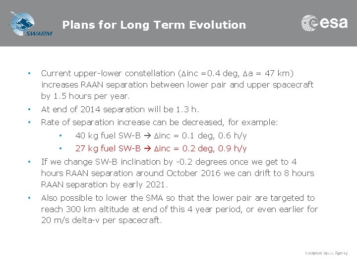 Plans for Long Term Evolution • Current upper-lower constellation (Dinc =0. 4 deg, Da