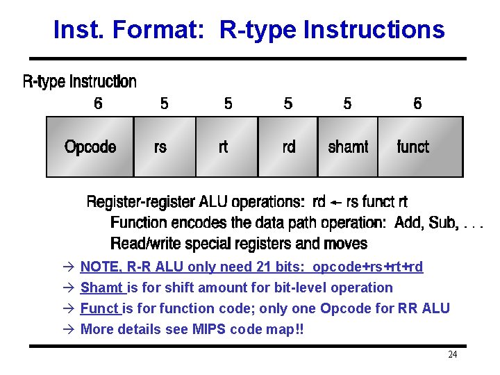 Inst. Format: R-type Instructions à à NOTE, R-R ALU only need 21 bits: opcode+rs+rt+rd Inst. Format: R-type Instructions à à NOTE, R-R ALU only need 21 bits: opcode+rs+rt+rd