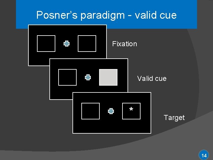 Posner’s paradigm - valid cue Fixation Valid cue * Target 14 