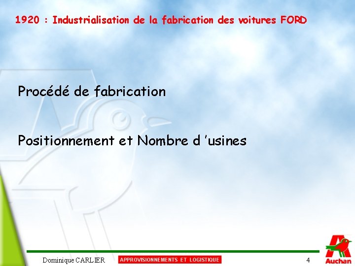 1920 : Industrialisation de la fabrication des voitures FORD Procédé de fabrication Positionnement et