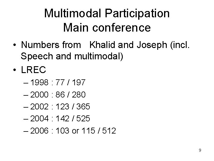 Multimodal Participation Main conference • Numbers from Khalid and Joseph (incl. Speech and multimodal)