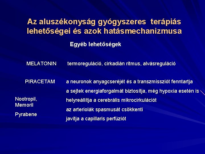 Az aluszékonyság gyógyszeres terápiás lehetőségei és azok hatásmechanizmusa Egyéb lehetőségek MELATONIN termoreguláció, cirkadián ritmus,