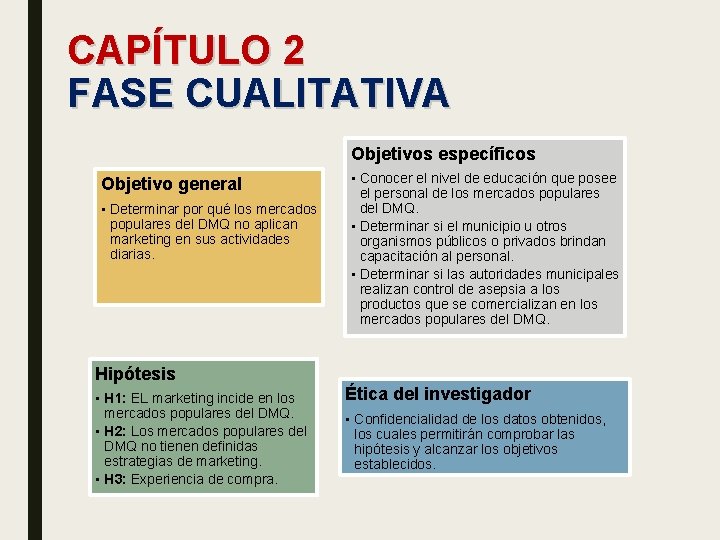 CAPÍTULO 2 FASE CUALITATIVA Objetivos específicos Objetivo general • Determinar por qué los mercados