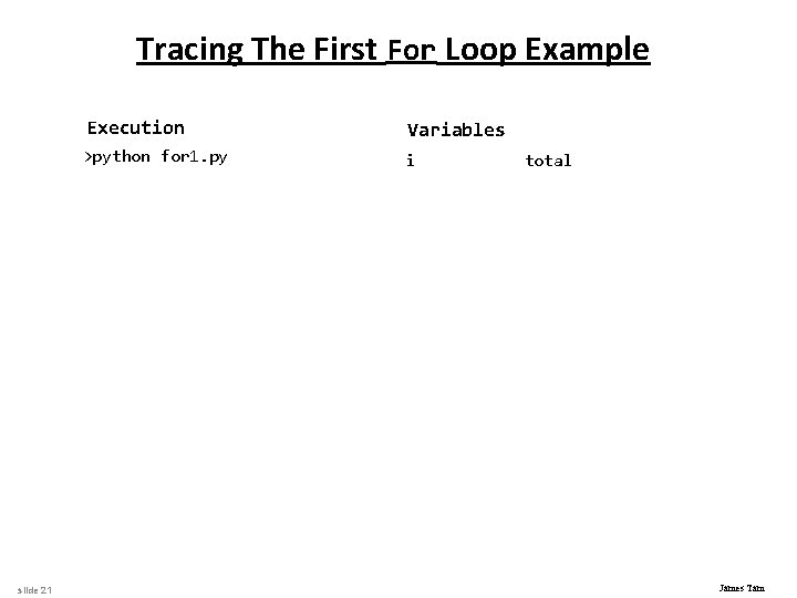 Tracing The First For Loop Example slide 21 Execution Variables >python for 1. py