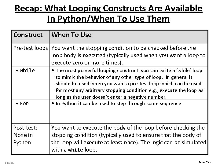 Recap: What Looping Constructs Are Available In Python/When To Use Them Construct When To