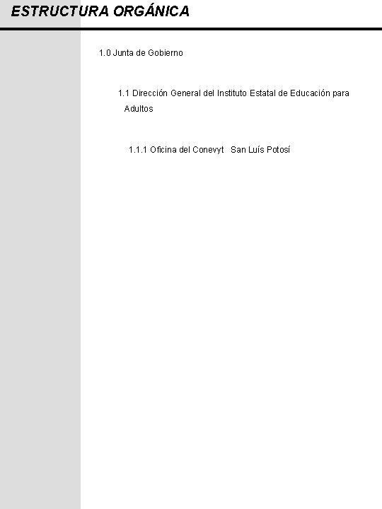 ESTRUCTURA ORGÁNICA 1. 0 Junta de Gobierno 1. 1 Dirección General del Instituto Estatal