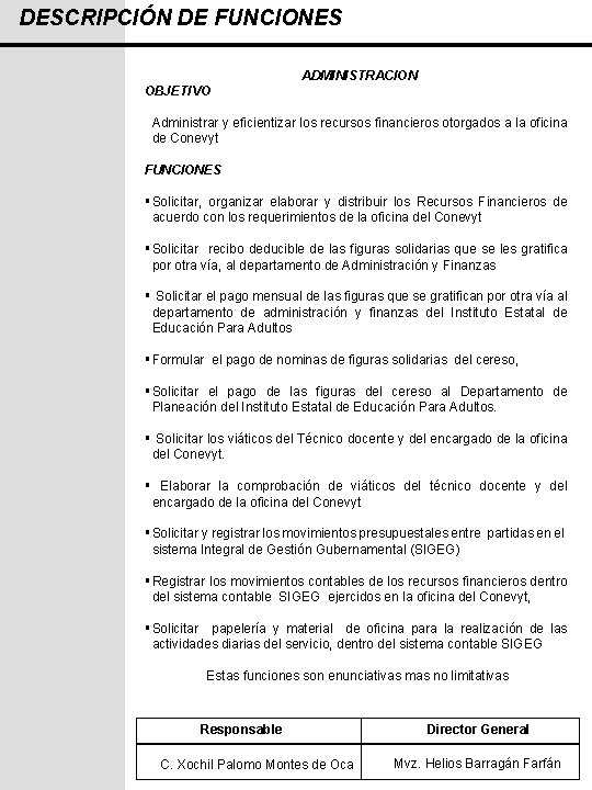 DESCRIPCIÓN DE FUNCIONES ADMINISTRACION OBJETIVO Administrar y eficientizar los recursos financieros otorgados a la