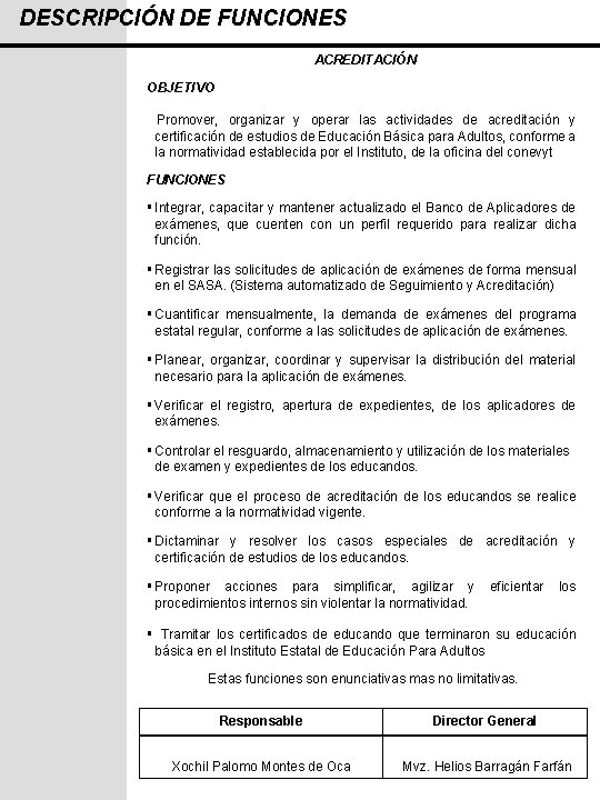 DESCRIPCIÓN DE FUNCIONES ACREDITACIÓN OBJETIVO Promover, organizar y operar las actividades de acreditación y