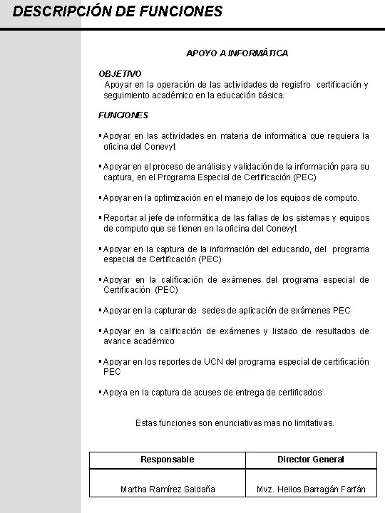 DESCRIPCIÓN DE FUNCIONES APOYO A INFORMÁTICA OBJETIVO Apoyar en la operación de las actividades